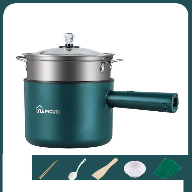 Emerald green electric cooker for dormitory cooking with a metal lid and handle, ideal for college students.