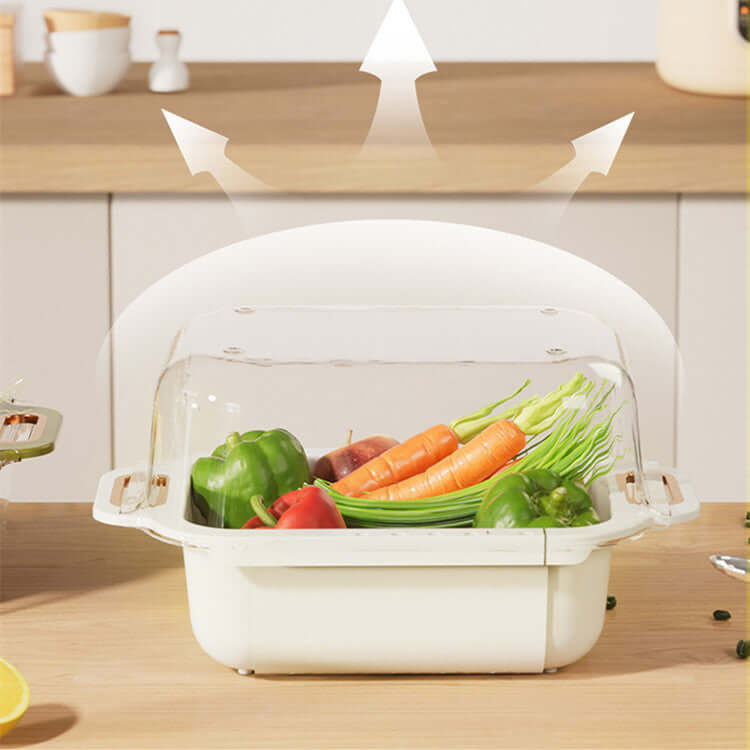 Home Kitchen Double Retractable Drainer Basket with colorful vegetables inside on a kitchen counter.