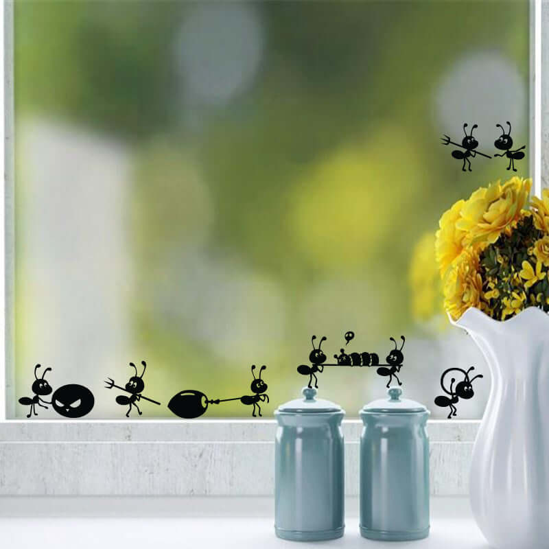 cartoon ant wall stickers on a glass window with yellow flowers and decorative jars in a children&
