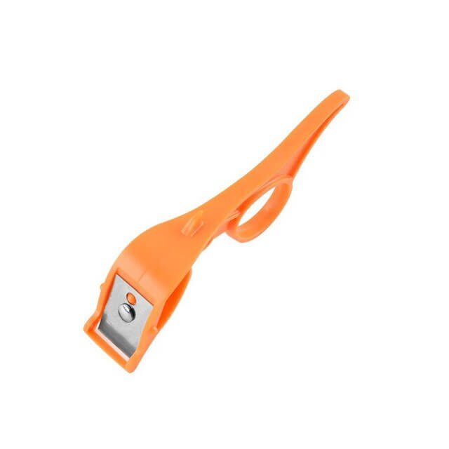 Multifunctional fruit peeler in orange color, featuring a stainless steel blade for easy peeling and a finger ring design.