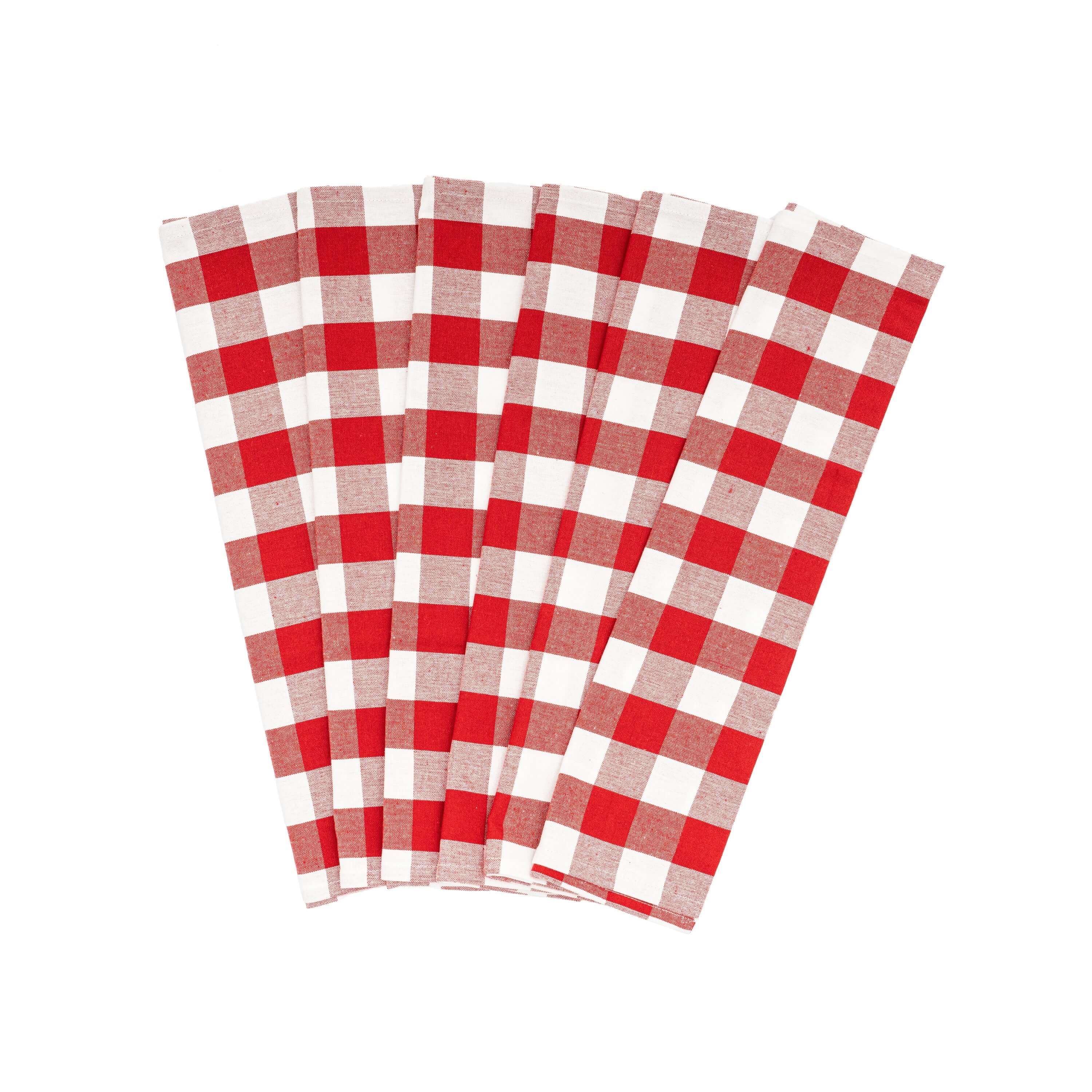 Set of 6 Plaid Kitchen Towels in red and white, made from 100% organic cotton for stylish kitchen functionality.