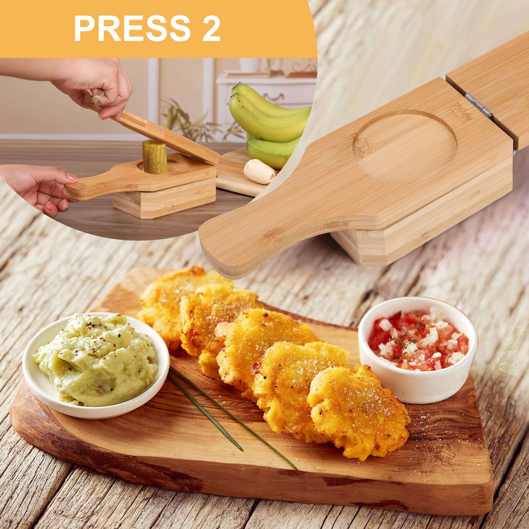 Wooden banana grinder kitchen tool in action with bananas and delicious mashed dish on wooden cutting board.