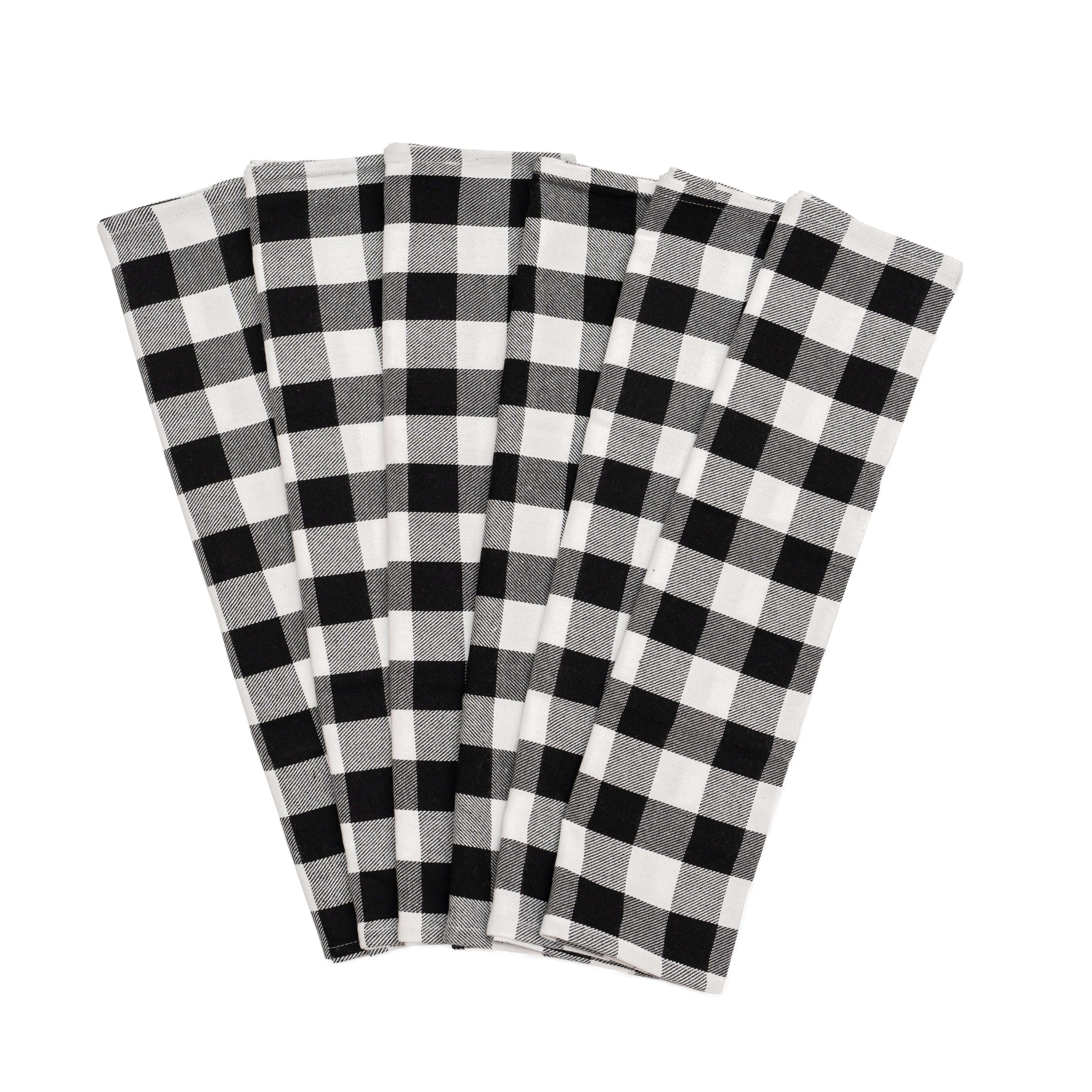 Set of 6 Plaid Kitchen Towels in black and white, made from organic cotton, perfect for everyday use.