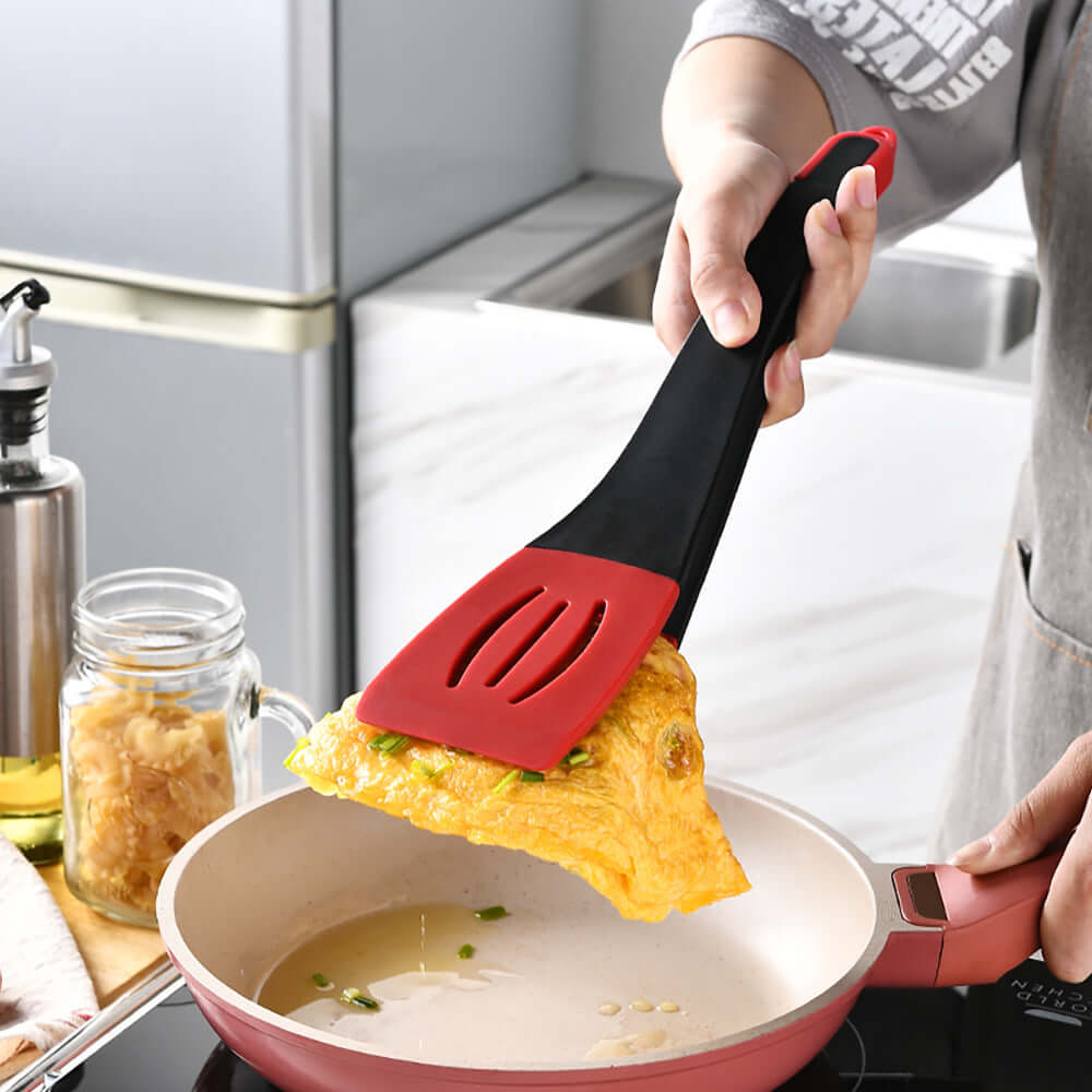 3 In 1 Frying Spatula Clip Silicone Food Clip Frying Steak Pancakes Shovel Slotted Turners Kitchen Tools Cooking Utensils Kitchen Gadgets in use.