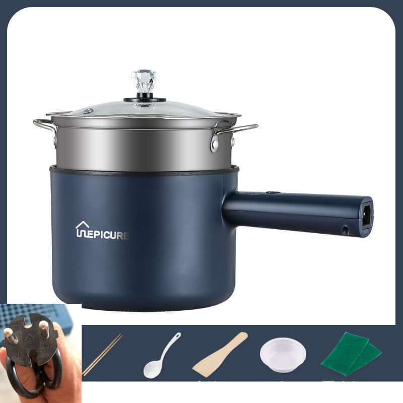 Kitchen Multi-function Electric Cooker In The Dormitory And Home in navy blue with glass lid and handle.