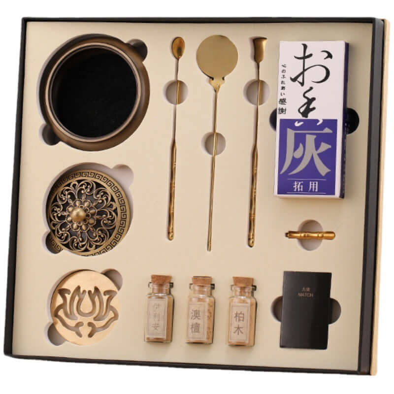 Pure Copper Incense Set containing incense burner, tools, and essential items for incense burning.