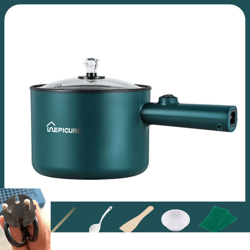 Kitchen Multi-function Electric Cooker In The Dormitory And Home in emerald green color with a glass lid.