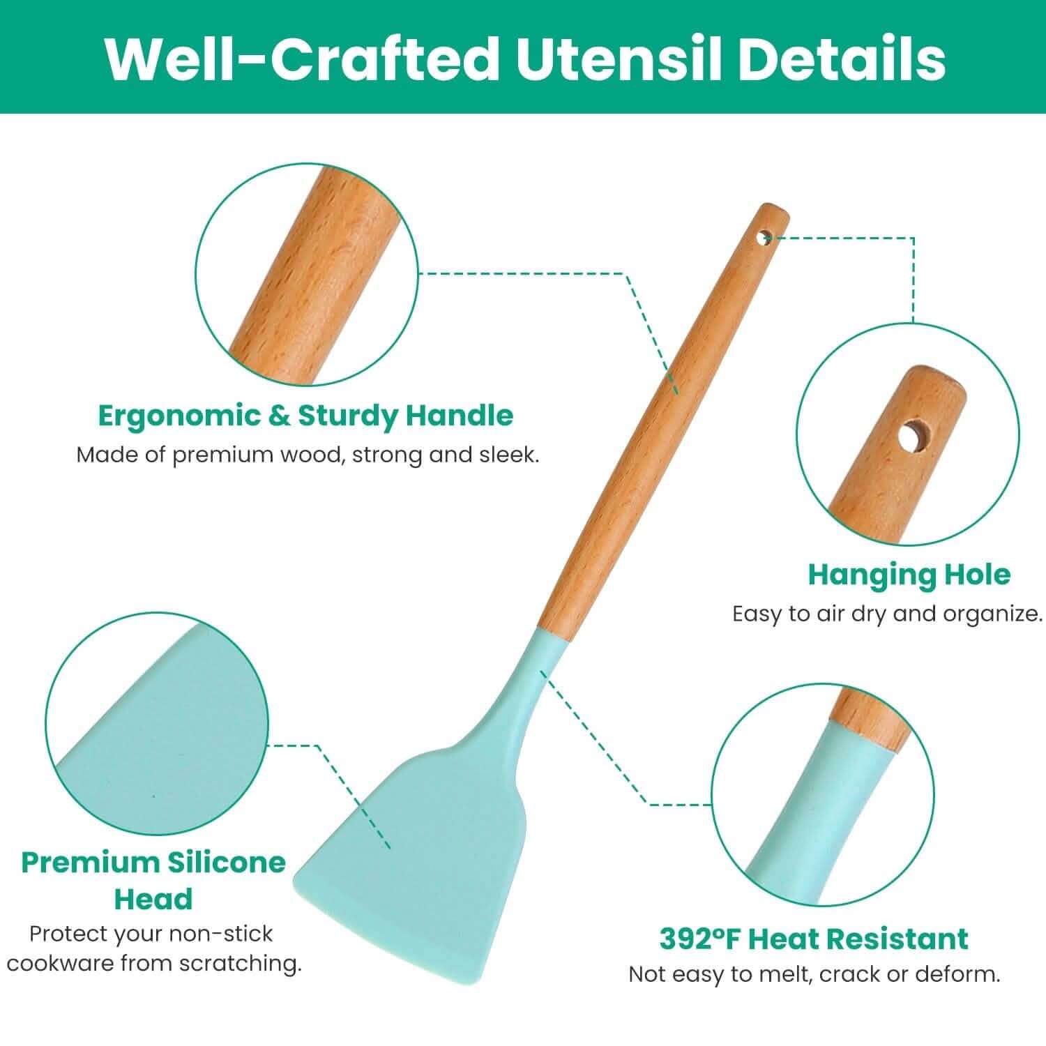 Close-up of premium silicone spatula from 35-Pieces: Kitchen Cooking Utensils Set, featuring ergonomic wooden handle and heat resistance.