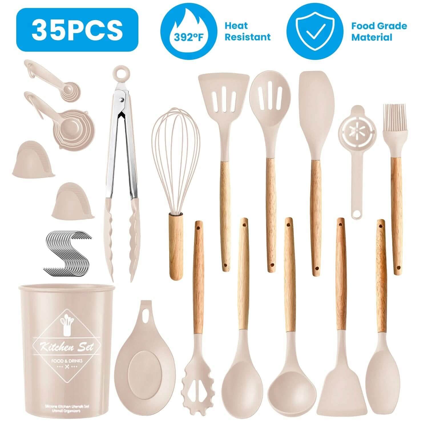 35-Pieces: Kitchen Cooking Utensils Set featuring heat-resistant, food-grade silicone tools and stainless steel tongs.