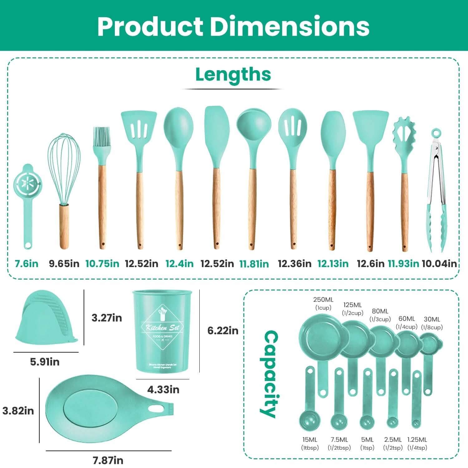 Dimensions of the 35-Pieces: Kitchen Cooking Utensils Set, showcasing lengths and capacities of kitchen tools.