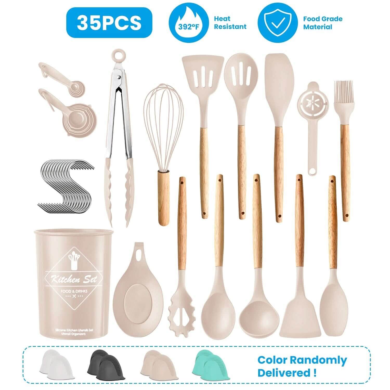 35-Pieces: Kitchen Cooking Utensils Set displayed with various tools in beige and wood, heat resistant to 392°F.