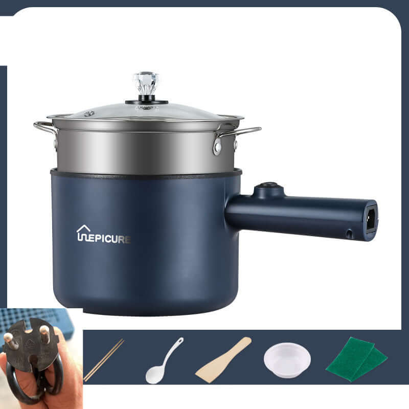 Kitchen Multi-function Electric Cooker In The Dormitory And Home in sapphire blue color with a transparent lid.