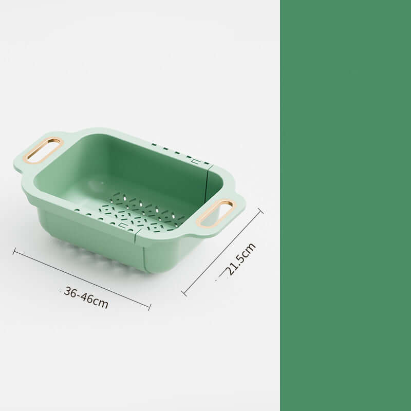 Light green home kitchen retractable drainer basket with handles, measuring 36-46cm by 21.5cm, stylish and simple design.