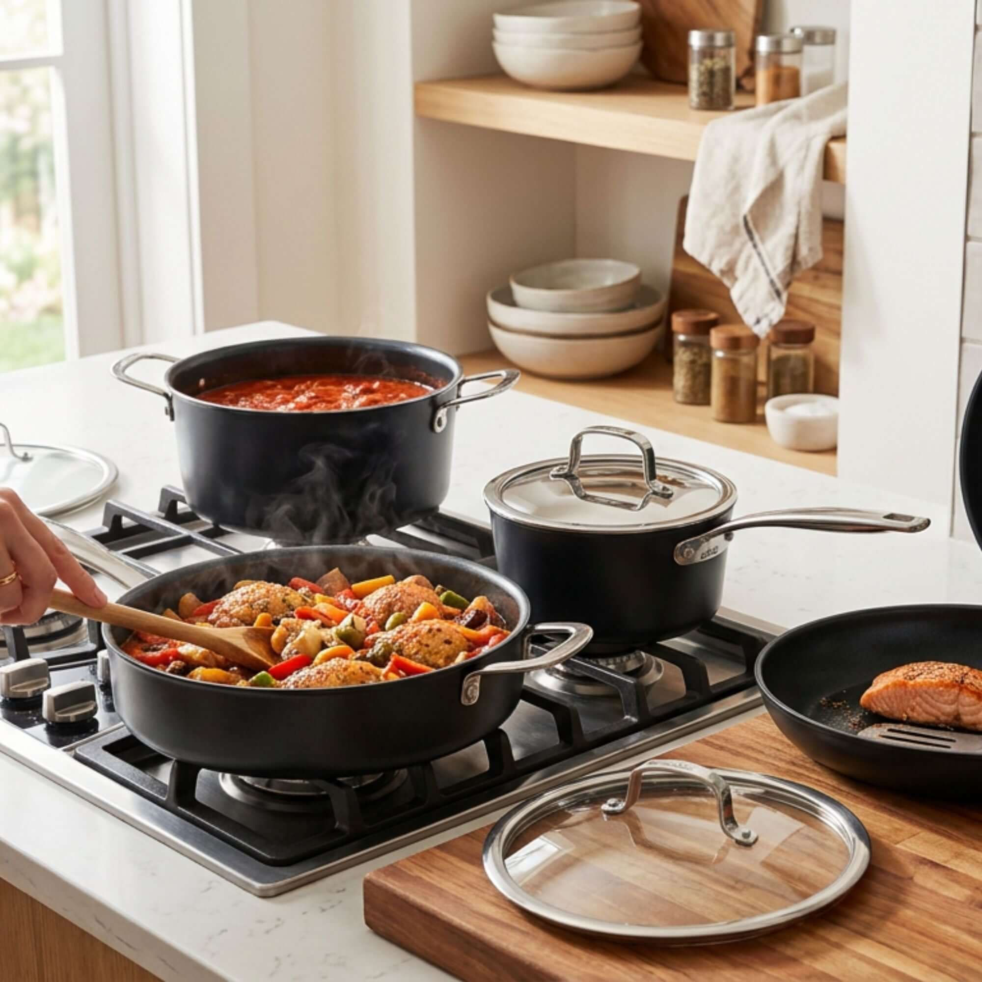 Cooking with the Ceramic Nonstick 12-Piece Set, featuring pots and pans on a gas stove.