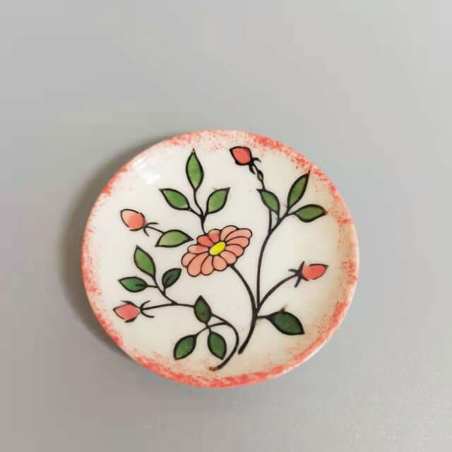 Miniature Kitchen Accessories ceramic plate with floral design, pink edges, 5-6cm size.