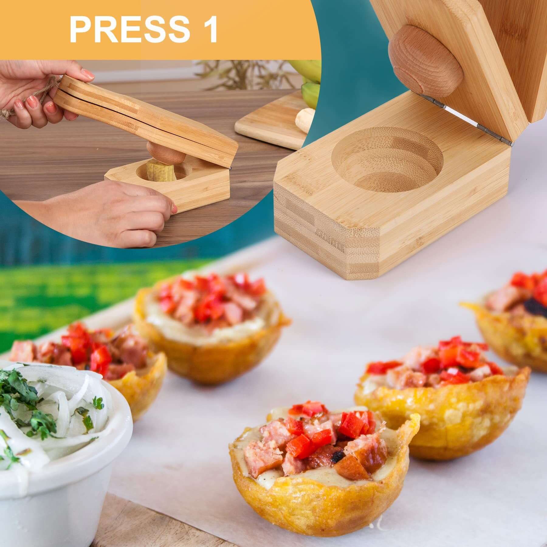 Using a wooden banana grinder kitchen tool to create delicious banana dishes in the kitchen.