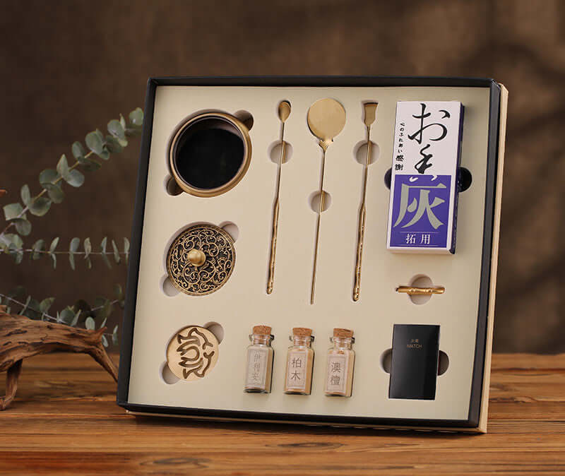 Pure copper incense set featuring incense burner, tools, and fragrance vials in elegant packaging.
