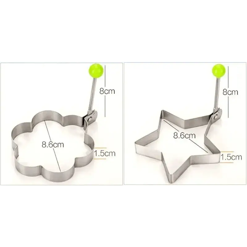 Stainless steel egg mold set featuring star and flower shapes for fun breakfast creations.