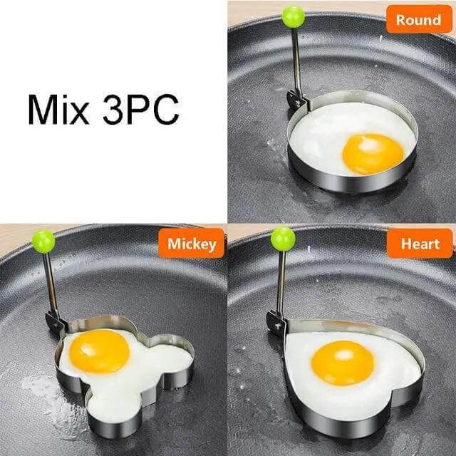 5Pcs Stainless Steel Fried Egg Mold Pancake Mould Omelette Mold Ring Cooking Fried Egg Bento Shaper Kitchen Gadget Frying Egg Cooking Tools Kitchen Accessories Gadget Rings in use with Mickey, Heart, and Round shapes.