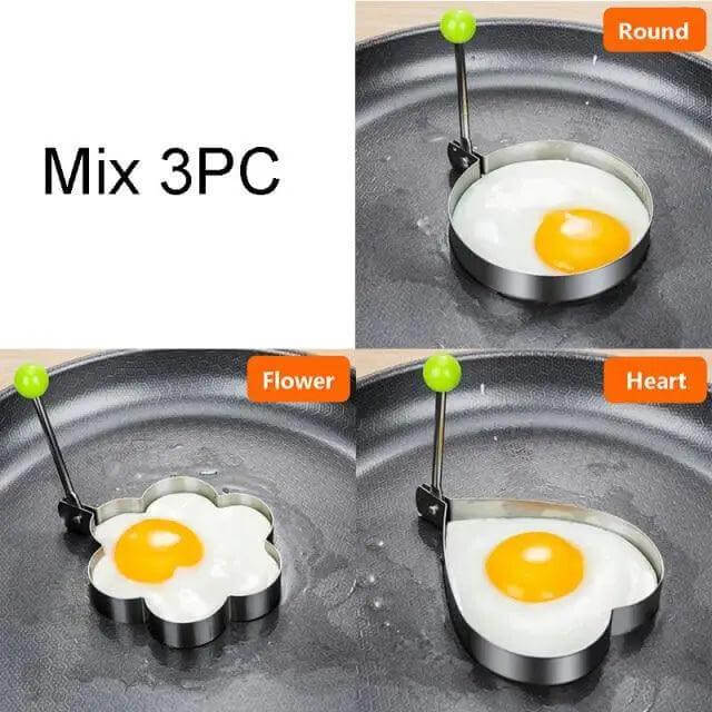 5Pcs Stainless Steel Fried Egg Mold Pancake Mould Omelette Mold Ring Cooking Fried Egg Bento Shaper Kitchen Gadget Frying Egg Cooking Tools Kitchen Accessories Gadget Rings displayed with round, flower, and heart shapes.