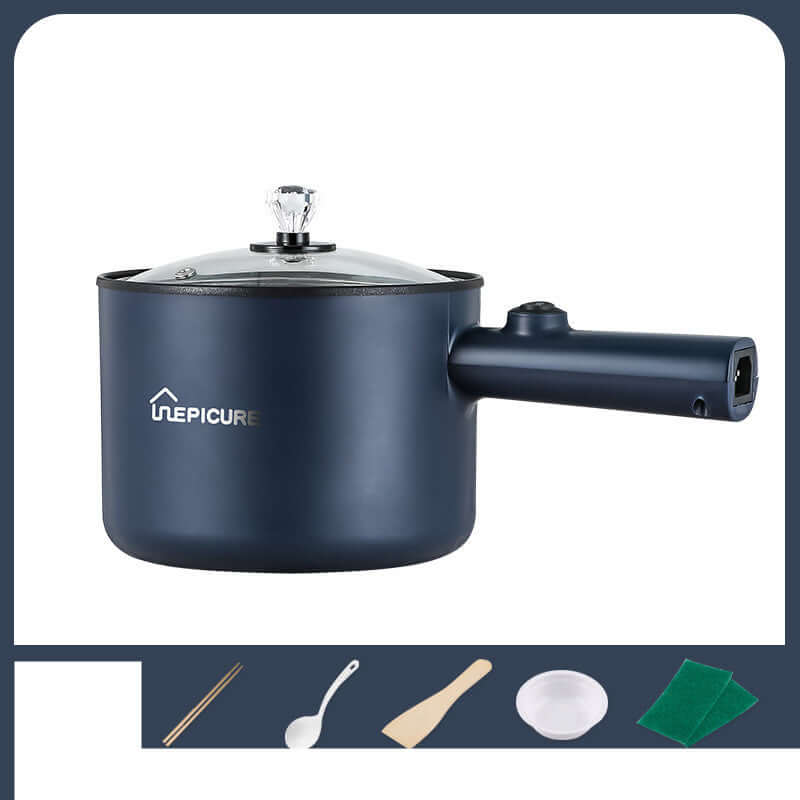 Kitchen Multi-function Electric Cooker In The Dormitory And Home in sapphire blue color with glass lid and handle