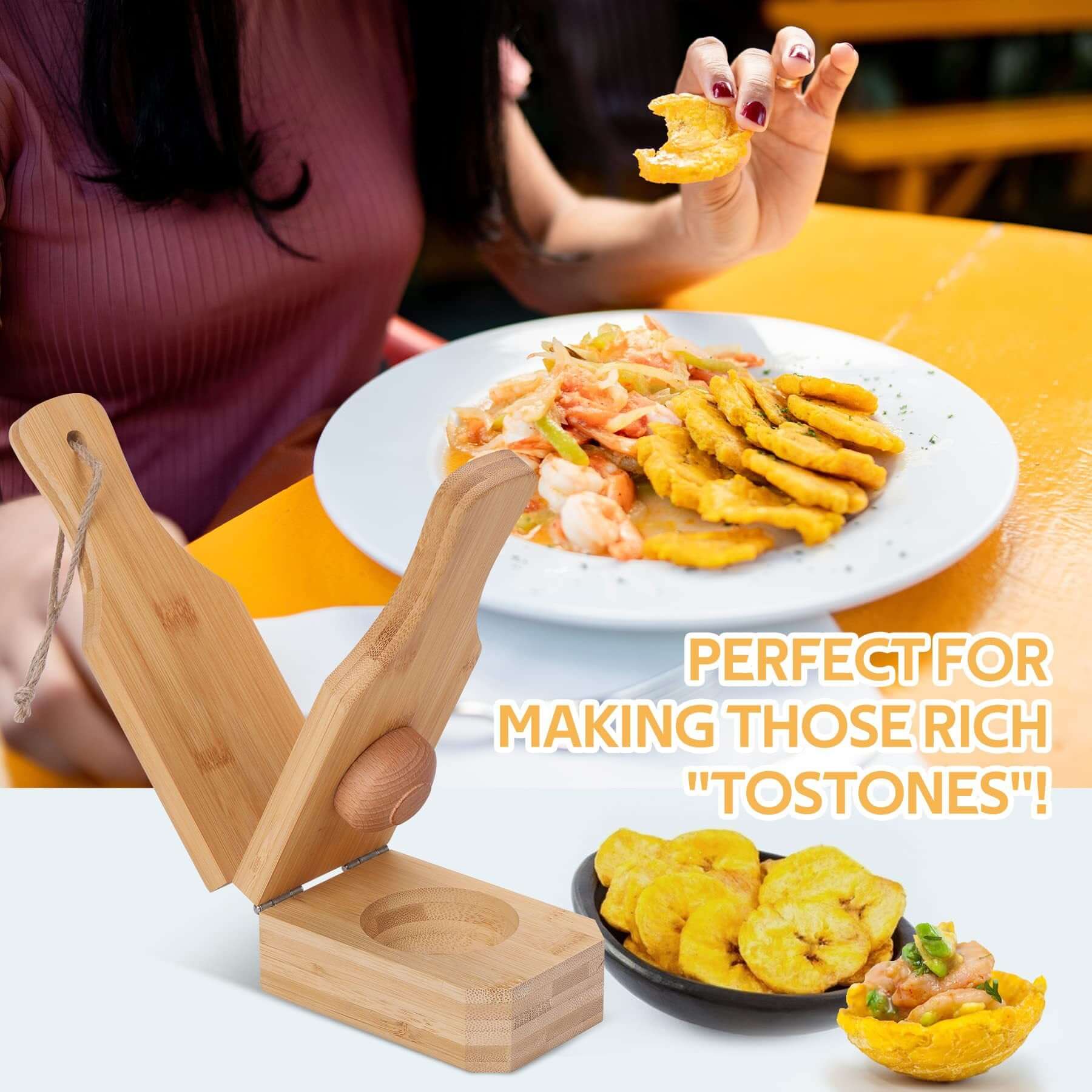 wooden banana grinder kitchen tool shown with delicious tostones dish and home chef enjoying meal.