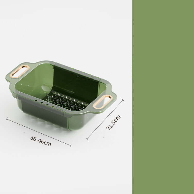 Home Kitchen Double Retractable Drainer Basket in green, showcasing dimensions 36-46cm x 21.5cm, stylish and practical.