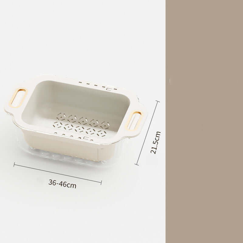 Home Kitchen Double Retractable Drainer Basket in white, featuring a double layer design with easy-grip handles.
