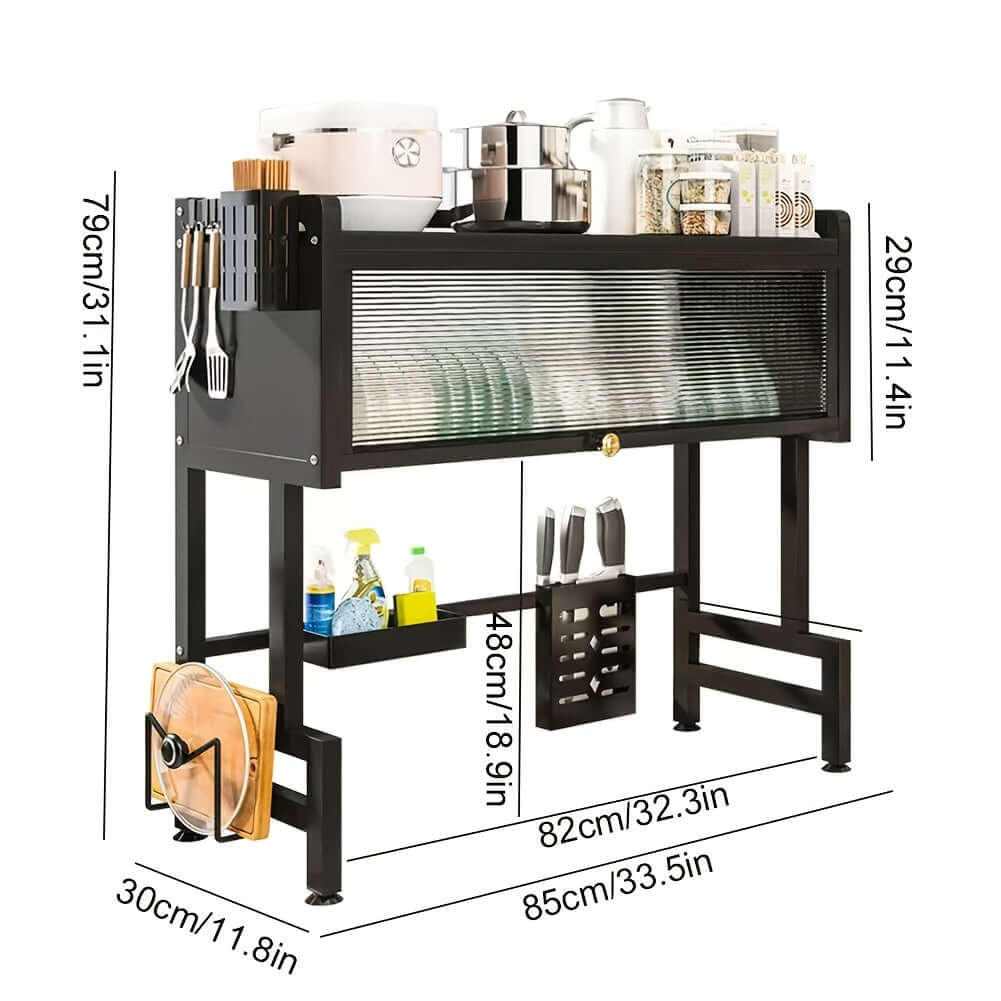 Over Sink Dish Drying Rack 1 Tier Kitchen Organizer Dustproof Storage Shelf with utensil storage and cleaning supplies