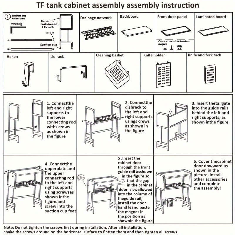 TF tank cabinet assembly instruction guide with step-by-step visual instructions and parts list.