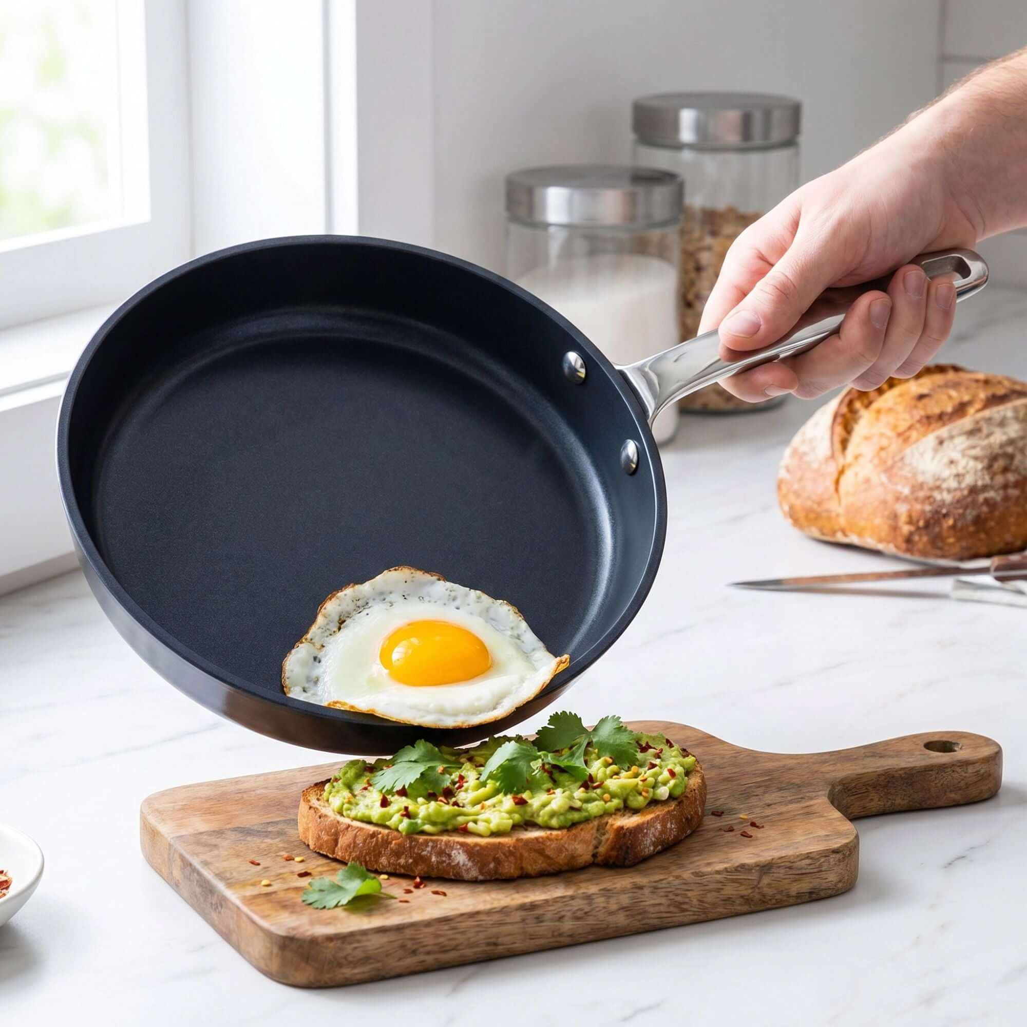 Ceramic Nonstick 12-Piece Set with a frying pan, serving an egg on avocado toast.