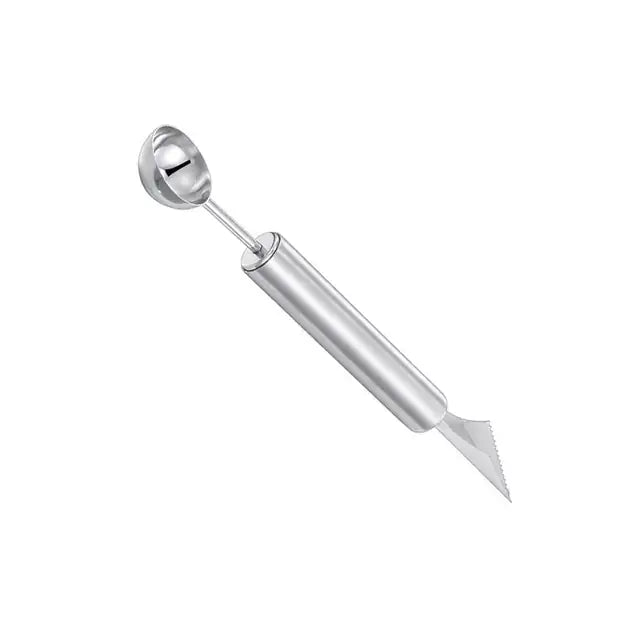 Stainless steel watermelon cutter with windmill blade and scoop for uniform slices, perfect for summer snacks.