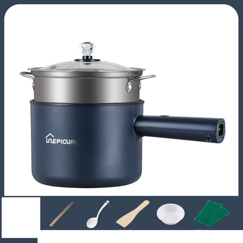 Kitchen Multi-function Electric Cooker In The Dormitory And Home with a sleek navy design and glass lid, ideal for versatile cooking.