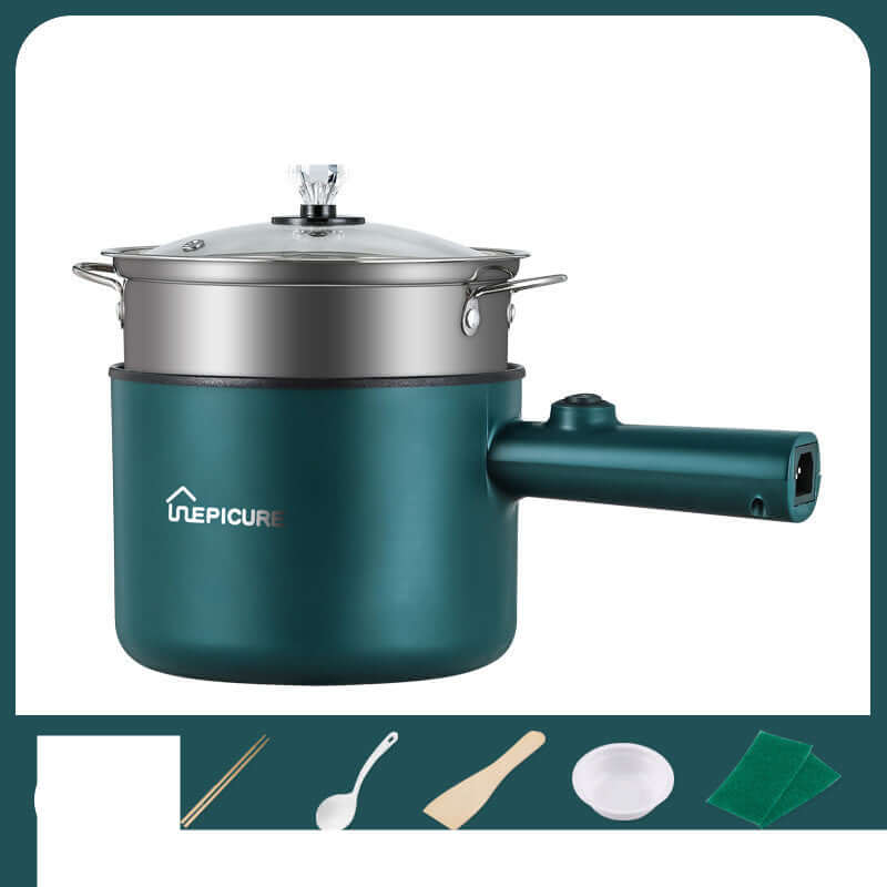 Emerald green electric cooker for dormitory cooking with a transparent lid and steam function.