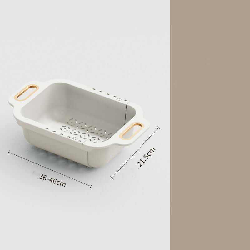 Home Kitchen Double Retractable Drainer Basket in white color, showcasing dimensions and stylish design features.
