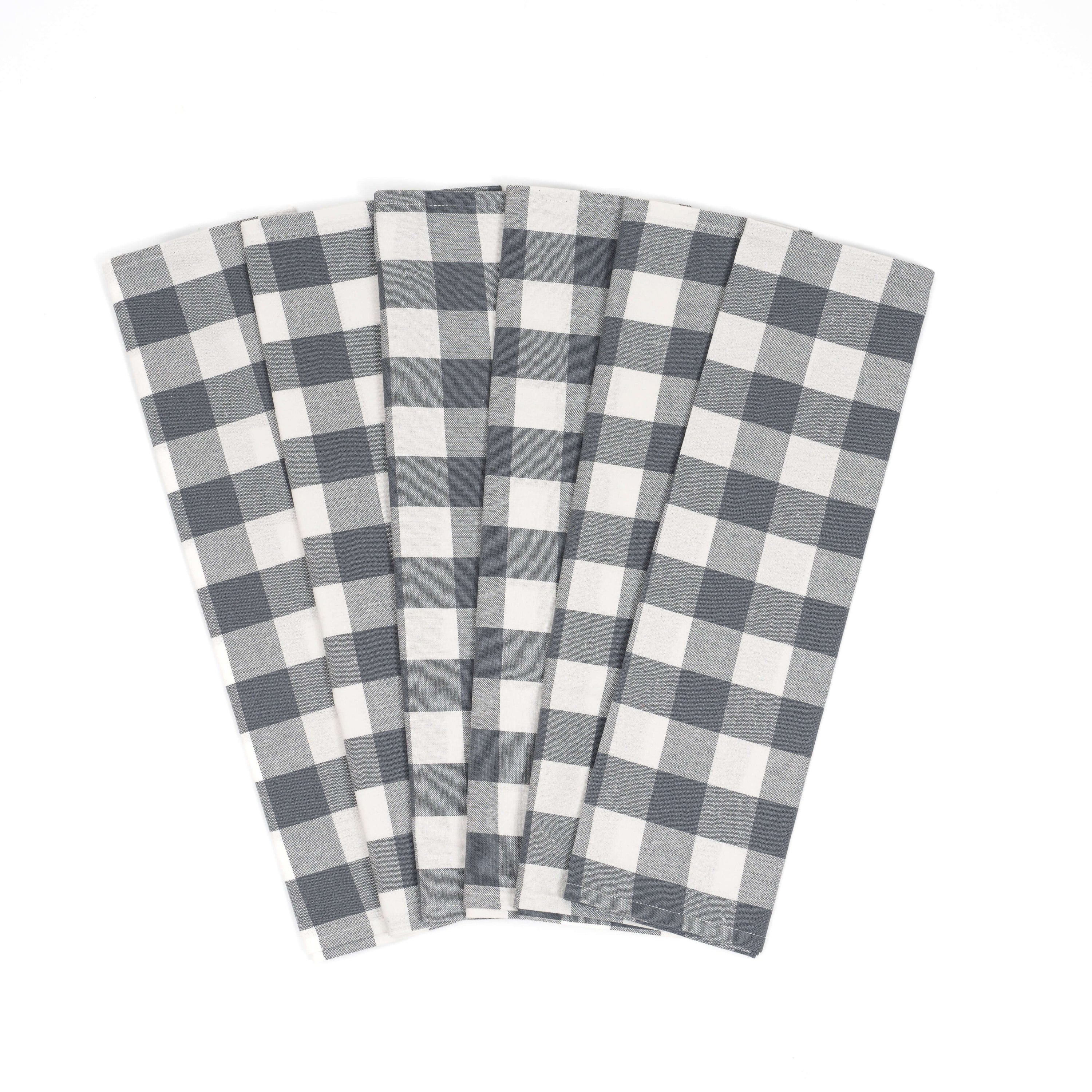 Set of 6 Plaid Kitchen Towels in gray and white, made from organic cotton for durability and style.