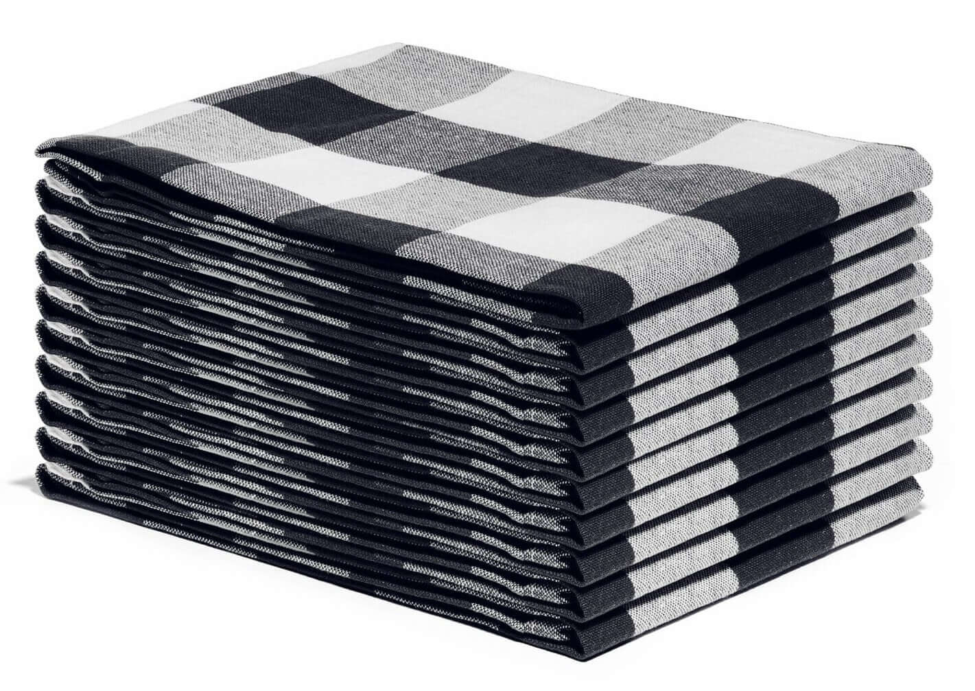 Set of 6 Plaid Kitchen Towels stacked neatly, showcasing stylish black and white design, perfect for everyday kitchen use.