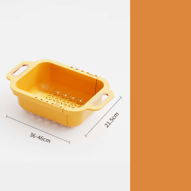 Home kitchen yellow single layer retractable drainer basket with handles and folding storage feature.