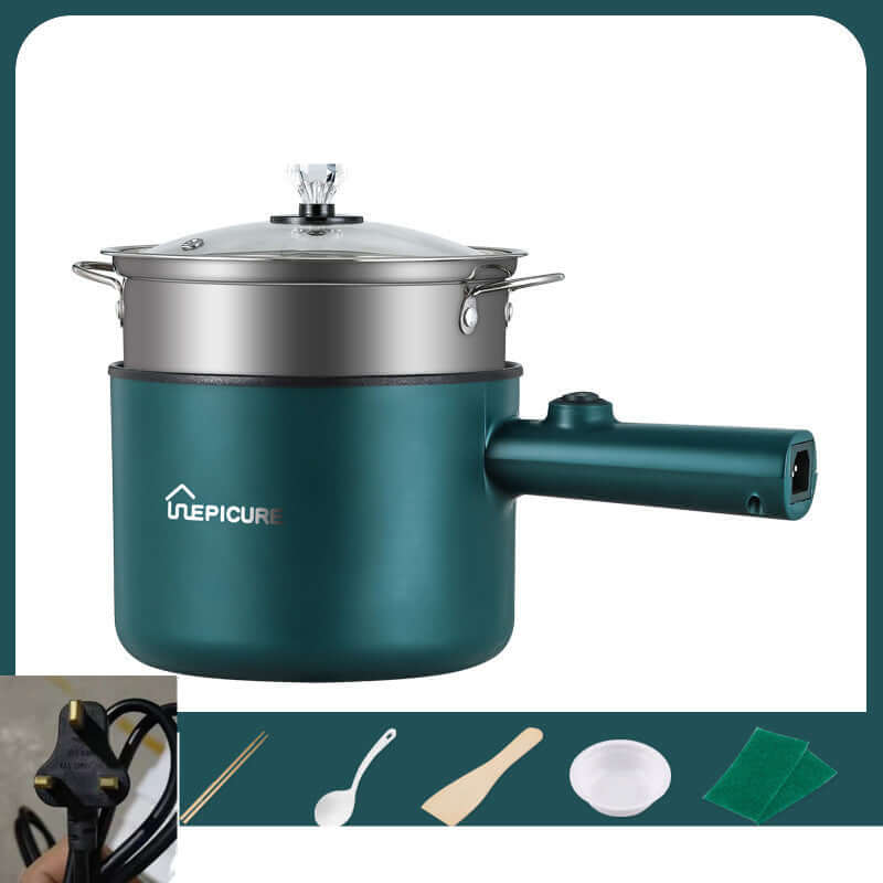 Kitchen Multi-function Electric Cooker In The Dormitory And Home in emerald green color with lid and handle.