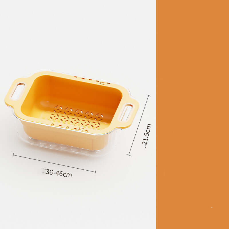 Yellow double layer retractable drainer basket with handles, measuring 36-46cm x 21.5cm, stylish and functional.