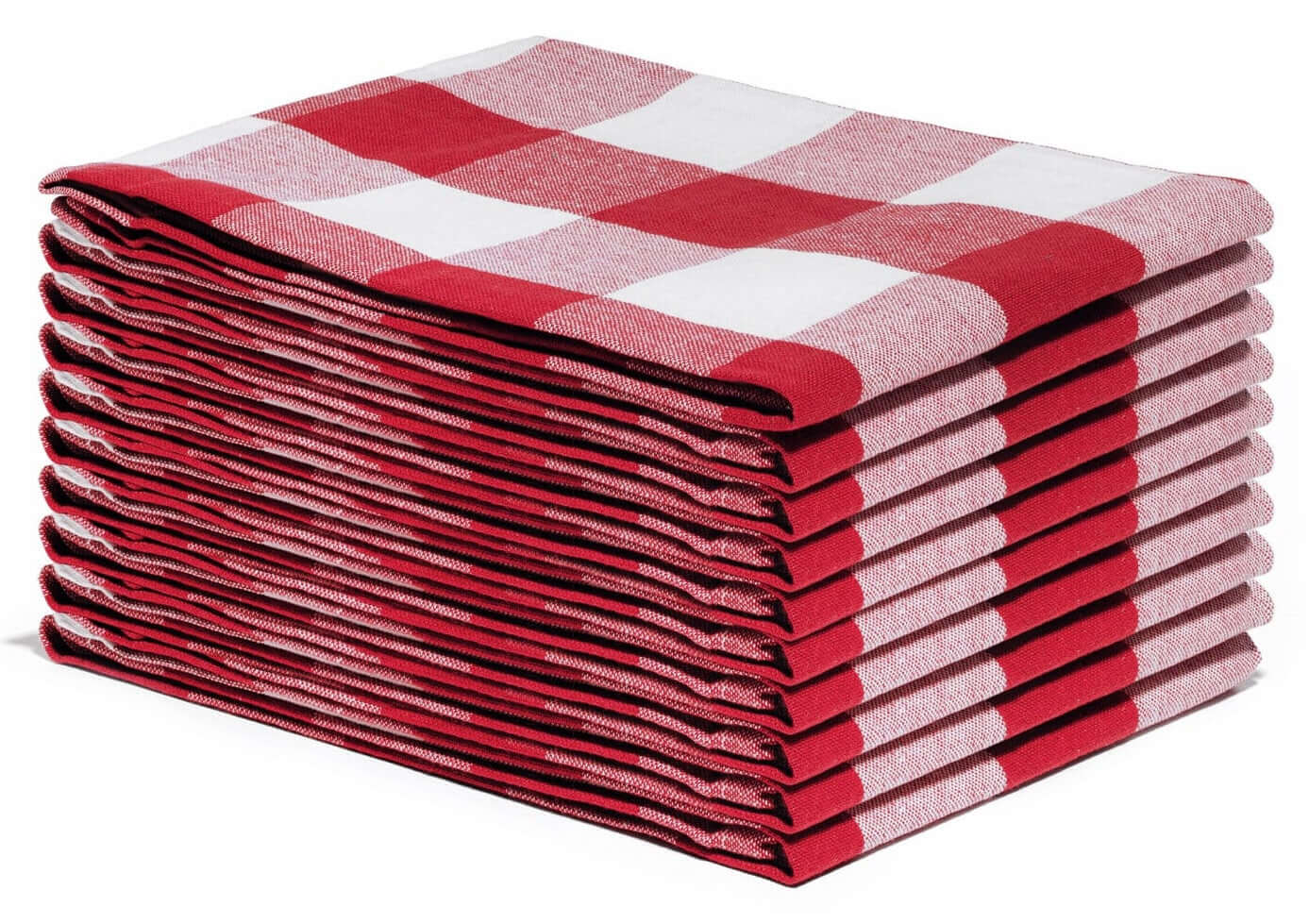 Set of 12 Plaid Kitchen Towels stacked neatly, featuring a classic red and white pattern for stylish kitchen decor.
