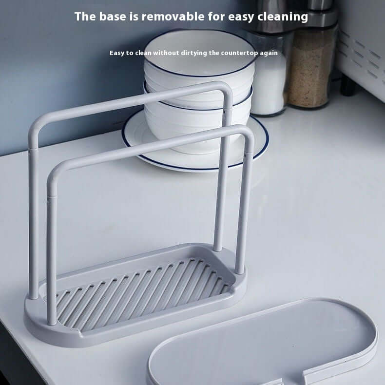 Multi-purpose kitchen drain rack with removable base for easy cleaning on kitchen countertop.
