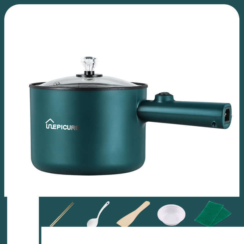Emerald green electric cooker for dormitory cooking with lid and handle, ideal for home meals.