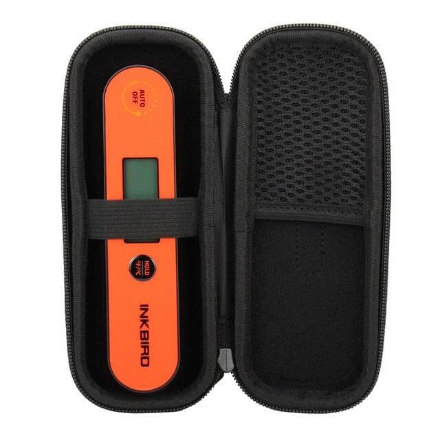 Digital BBQ Thermometer displayed inside a black carrying case, designed for accurate temperature readings.