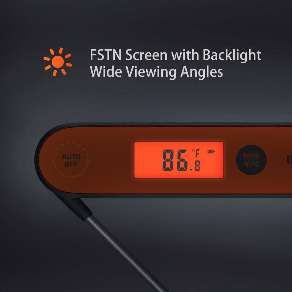 Digital BBQ Thermometer displaying temperature reading on FSTN screen with backlight and wide viewing angles.