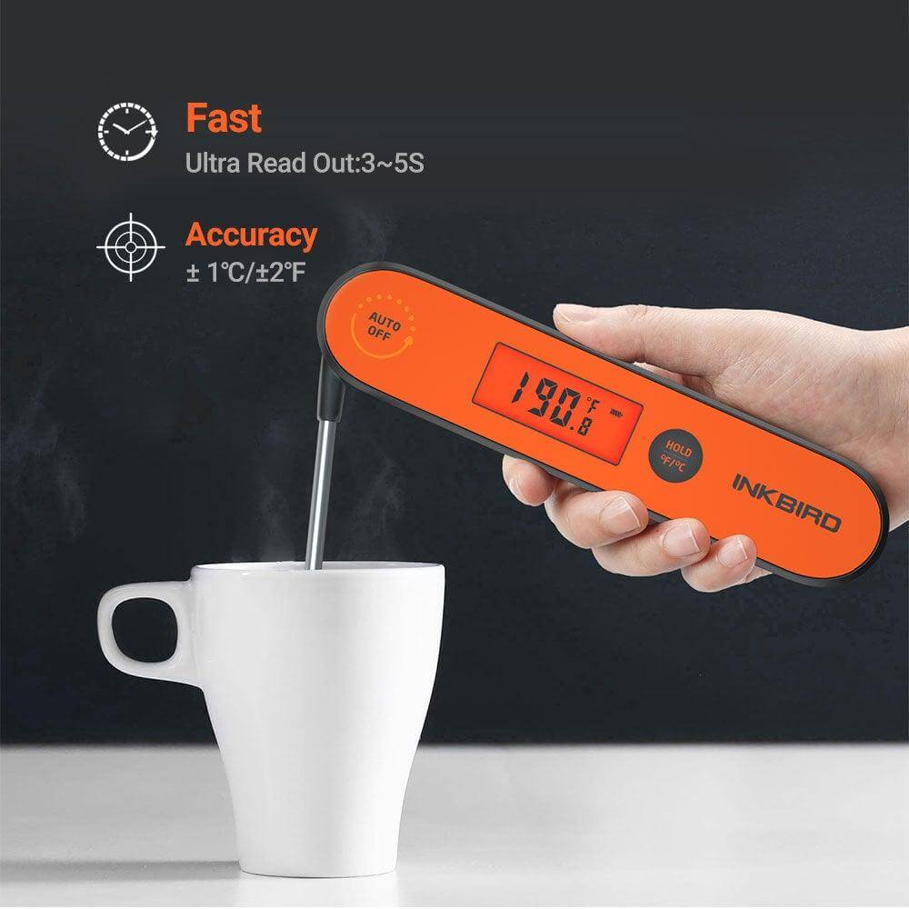 Digital BBQ Thermometer measuring temperature for precise cooking in a steaming cup.