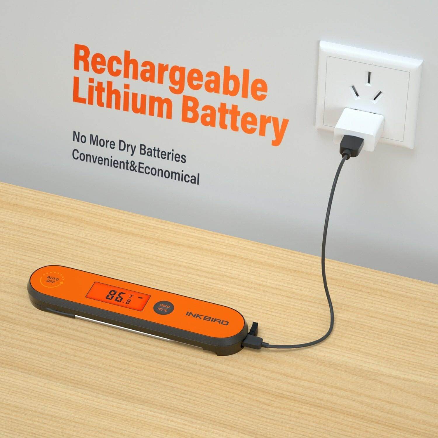 Digital BBQ Thermometer charging with rechargeable lithium battery for convenience and accuracy.