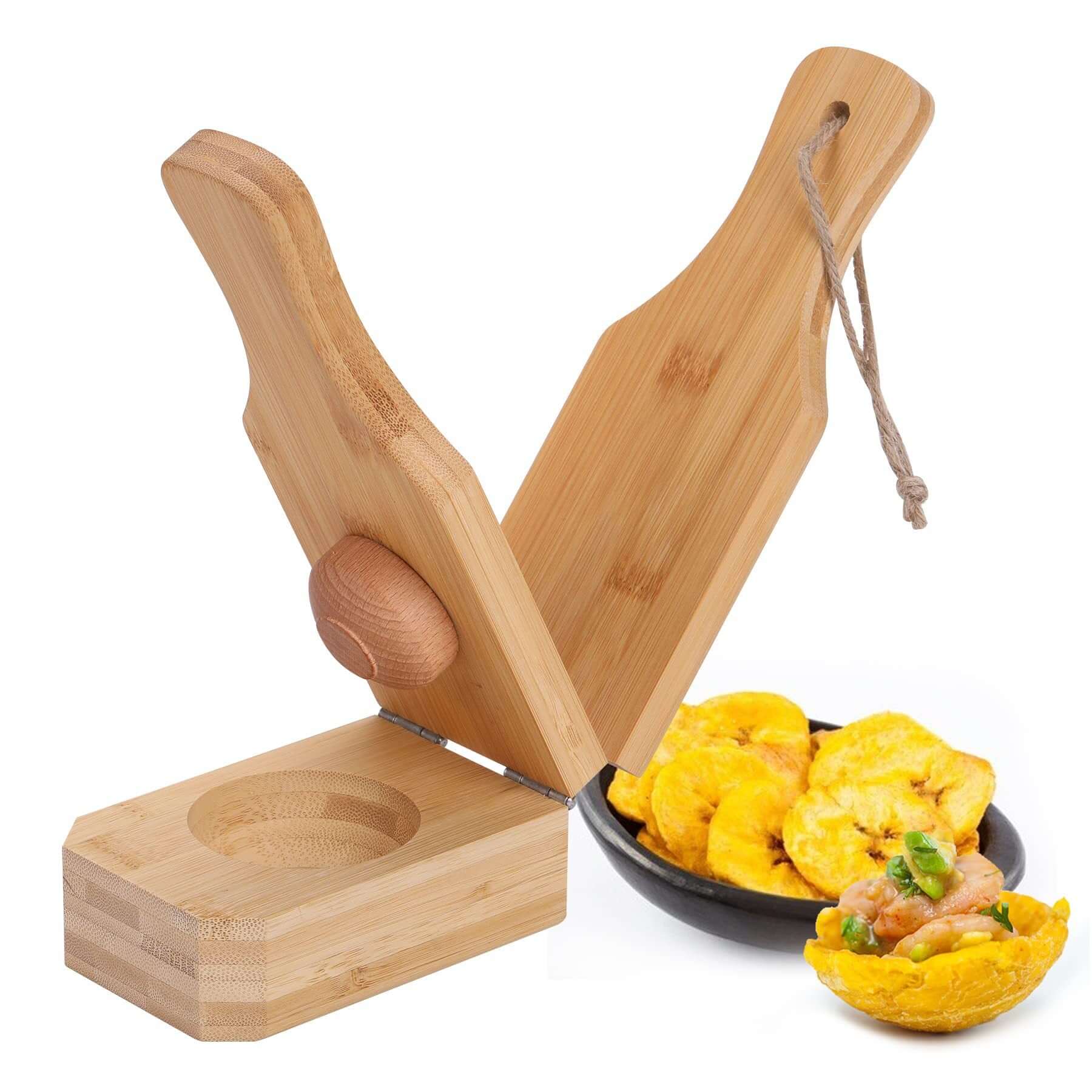 Wooden banana grinder kitchen tool for efficiently grinding bananas with a bowl of banana slices.