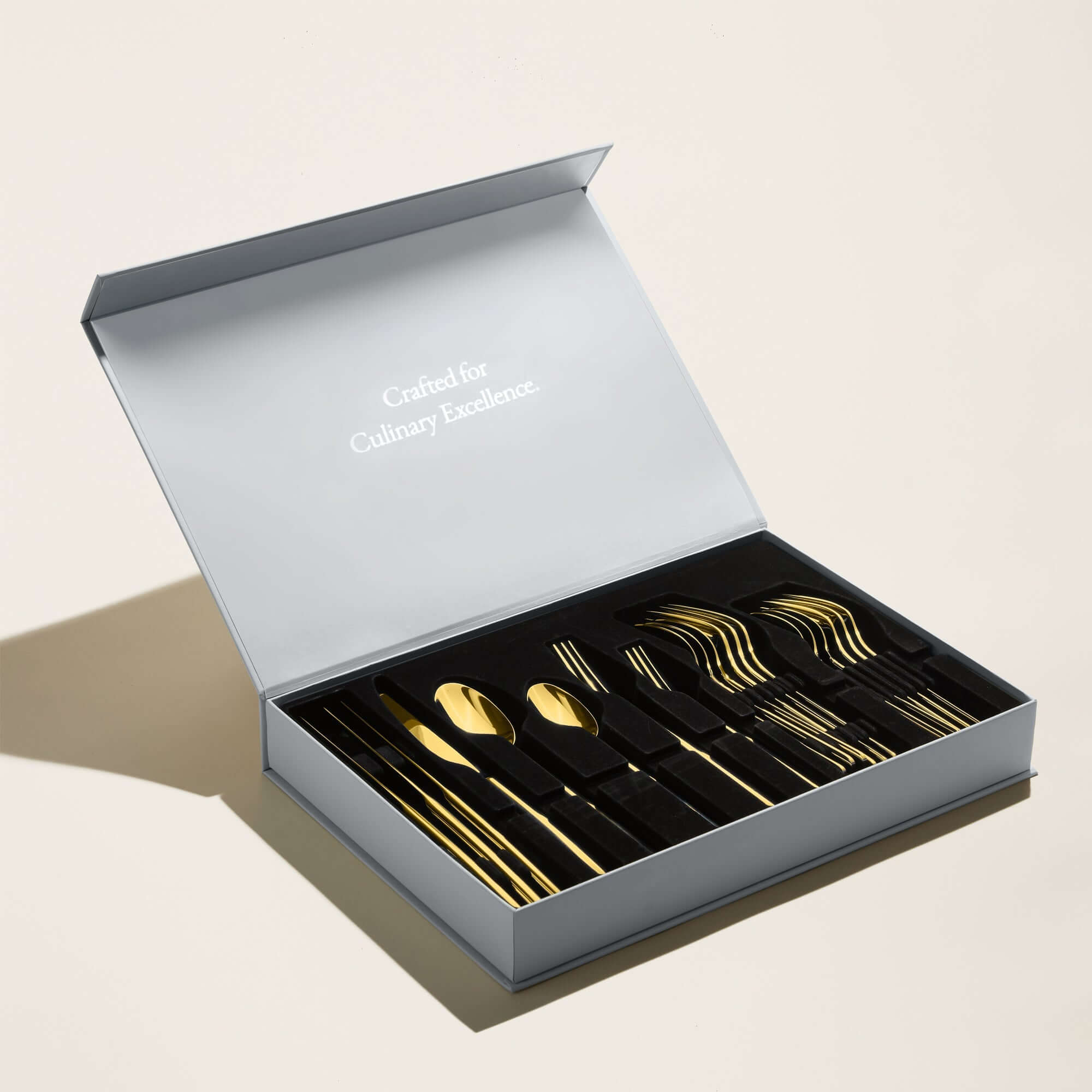 Emilia Mirror 20-Piece Flatware Set elegantly displayed in a stylish box, highlighting culinary excellence.