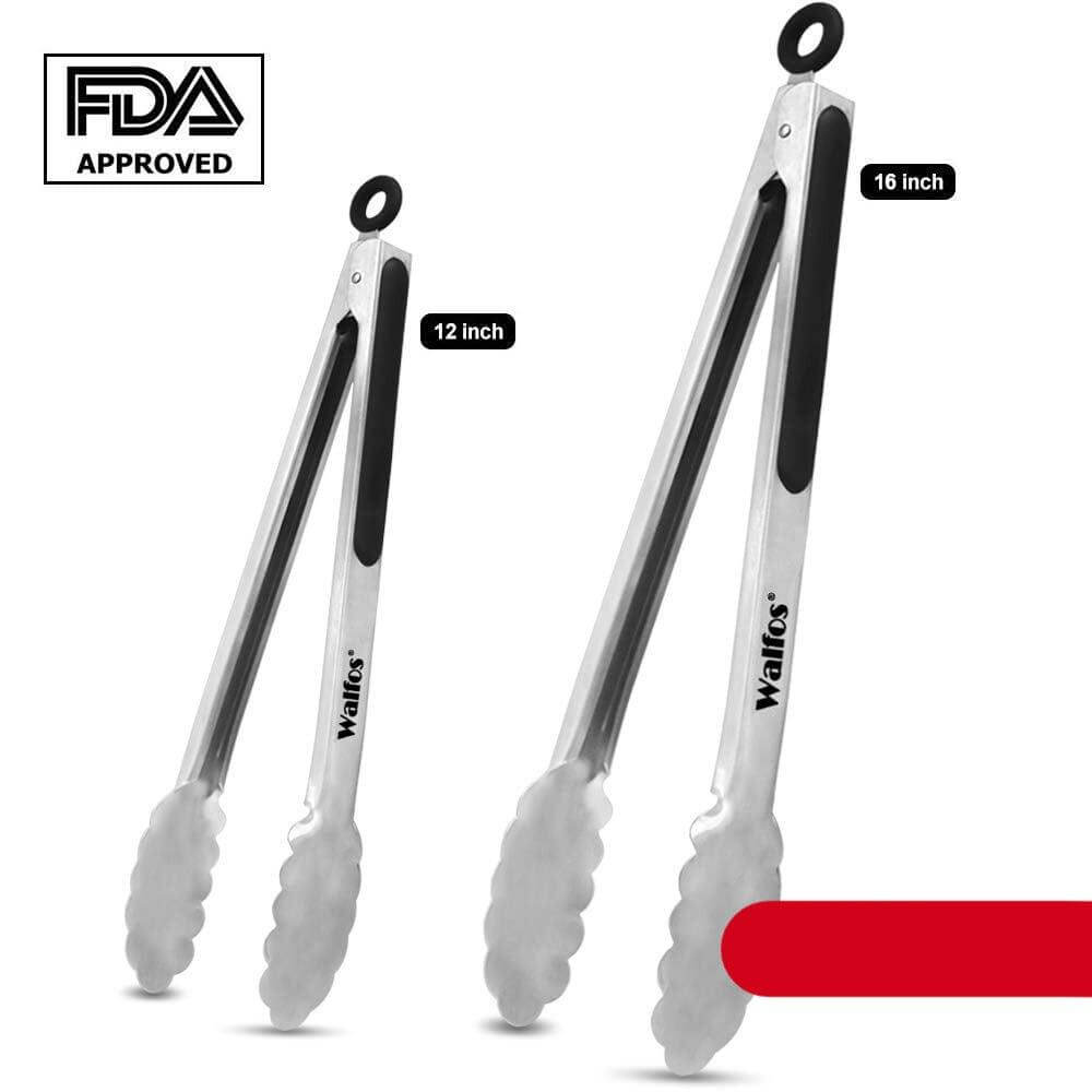 Extra Long Stainless Steel Tongs in 12 inch and 16 inch sizes, with non-slip silicone handle for safe grilling.